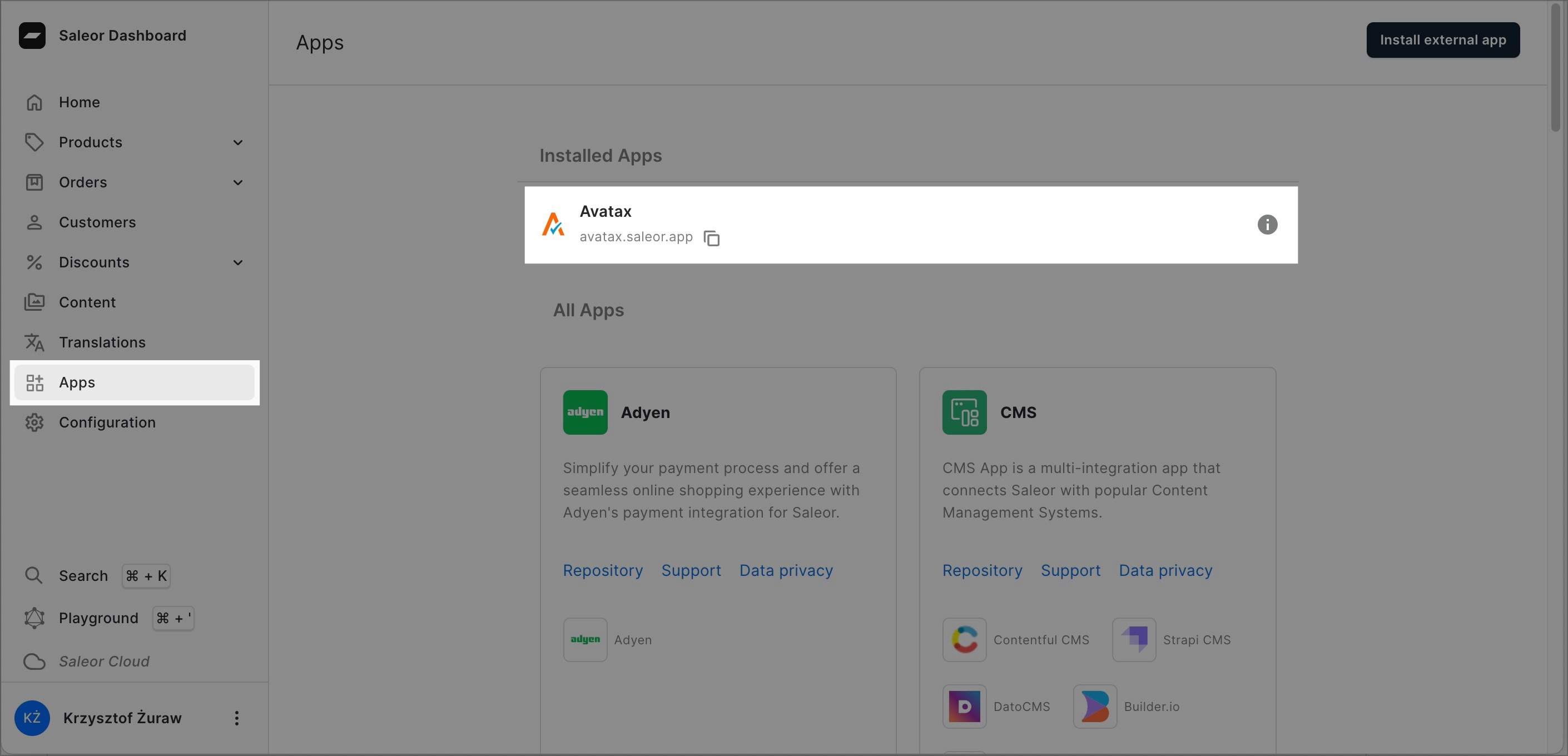A screenshot of the Saleor Dashboard in the "Apps" section. The main area displays "Installed Apps," highlighting "AvaTax" with its logo and a link to the app's page.